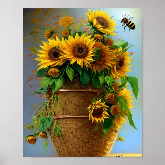 Poster Panier de tournesols et abeilles (Devant)