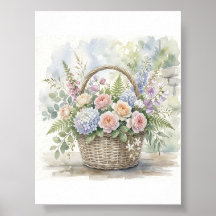 Panier floral à l'aquarelle avec roses et hortensi