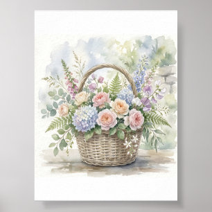 Poster Panier floral à l'aquarelle avec roses et hortensi