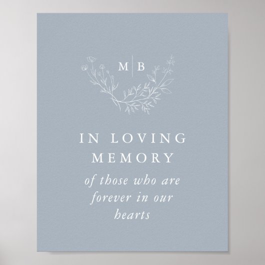Poster Panneau À la Mémoire Douce Bleu Mariage Monogramme (Devant)