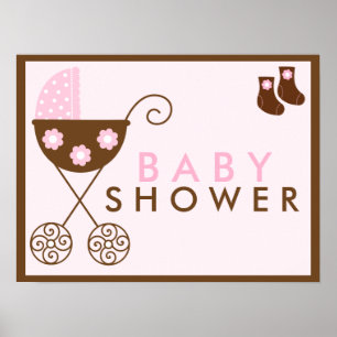 Poster Panneau Baby shower à poussette rose