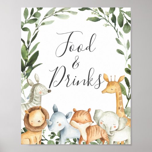 Poster Panneau Baby shower Animaux Safari Aliments et boi (Devant)