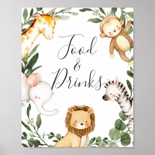 Poster Panneau Baby shower Animaux Safari Aliments et boi (Devant)