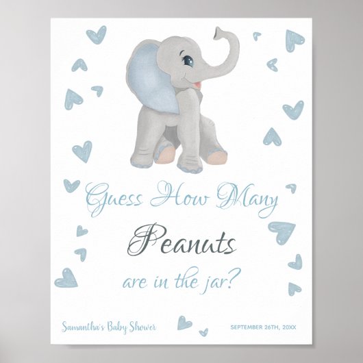 Poster Panneau Baby shower Blue Elephant Combien d'arachi (Devant)