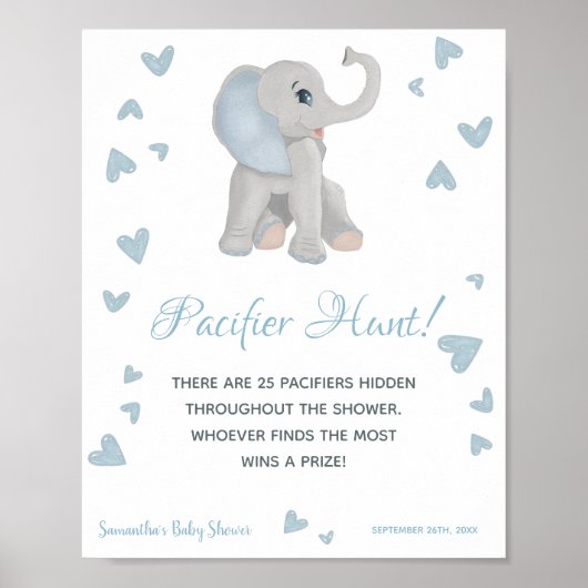 Poster Panneau Baby shower Blue Elephant Pacifier Chasse (Devant)