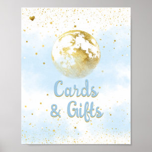 Poster Panneau Baby shower Blue Gold Over the Moon and St
