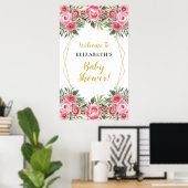 Poster Panneau Baby shower de cadre géométrique Fleurs ro (Bureau à domicile)