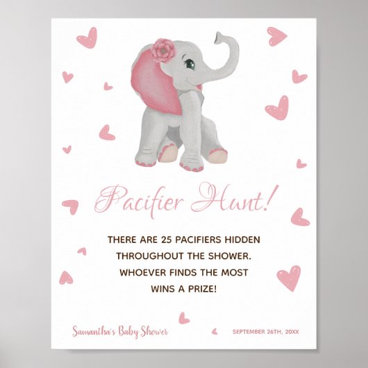 Poster Panneau Baby shower de fille d'éléphant rose aquar (Devant)