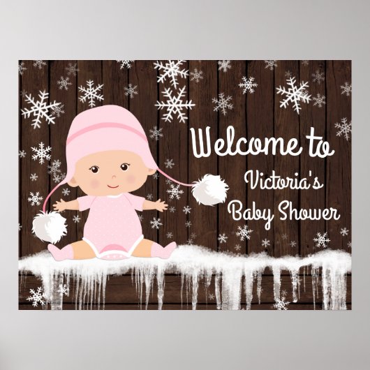 Poster Panneau Baby shower d'hiver Pink Snowflake (Devant)