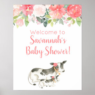 Poster Panneau Baby shower fille vaches d'aquarelle flora