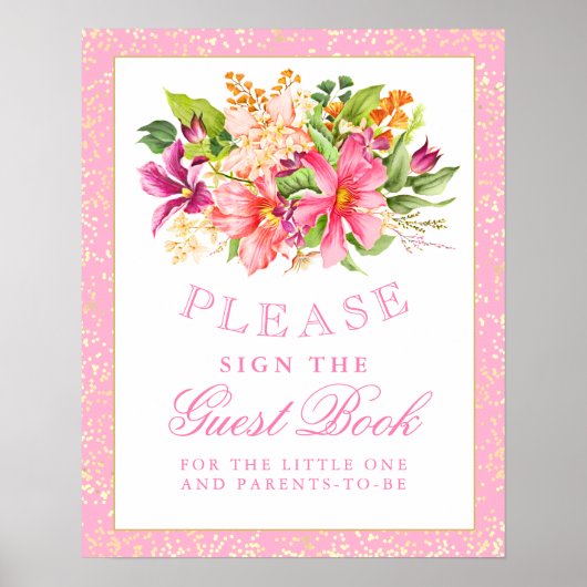 Poster Panneau baby shower Invité Livre Fleurs Bouquet Ro (Devant)
