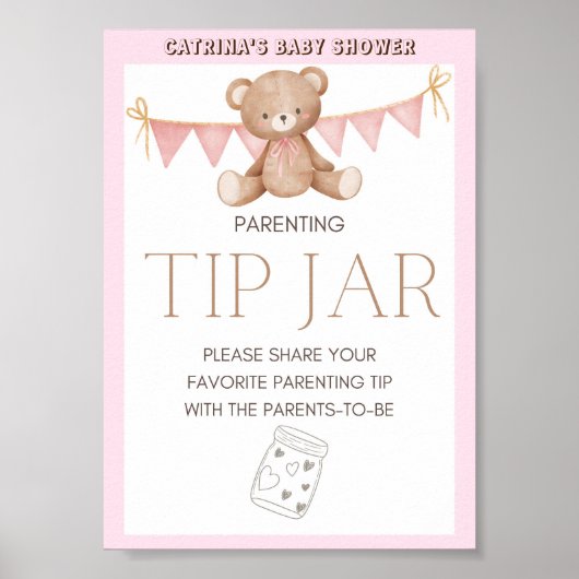 Poster Panneau Baby shower Ours en Teddy Rose (Devant)