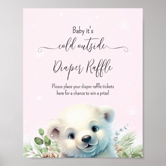 Poster Panneau Baby shower rose Ours polaire d'hiver (Devant)