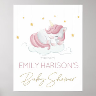 Poster Panneau Baby shower Rose Unicorn Gold Stars