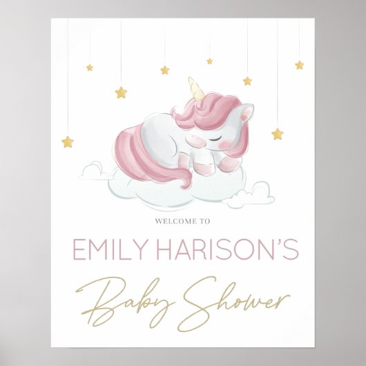 Poster Panneau Baby shower Rose Unicorn Gold Stars (Devant)