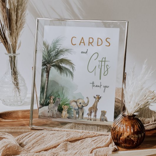 Poster Panneau Baby shower Safari Animaux Cartes et Cadea