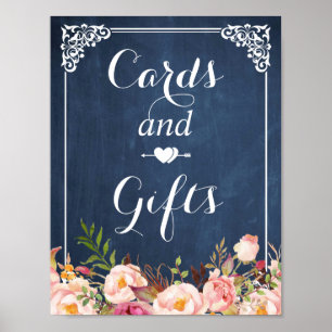 Poster Panneau bleu Chalkboard Floral Cartes et Cadeaux