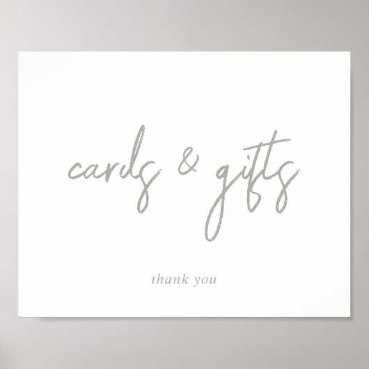 Poster Panneau Cartes et Cadeaux Argent et Blanc Script (Devant)