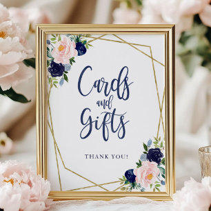Poster Panneau Cartes Et Cadeaux Fleurs Dorées Bleu Marin