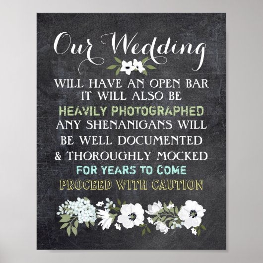 Poster Panneau Chalkboard Open Bar Mariage Signal Floral  (Devant)