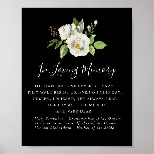 Poster Panneau commémoratif de mariage floral noir et bla (Devant)