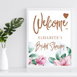 Poster Panneau d'accueil de la parties scintillant en cui<br><div class="desc">Un panneau de bienvenue moderne glamour printemps ou été douche nuptiale affiche avec des fleurs de magnolia rose aquarelle, feuillage vert, et feuilles d'eucalyptus et un élégant script de calligraphie de parties scintillant en cuivre brossé à la main style whimsical sur un arrière - plan bleu lavé. Facile à personnaliser...</div>