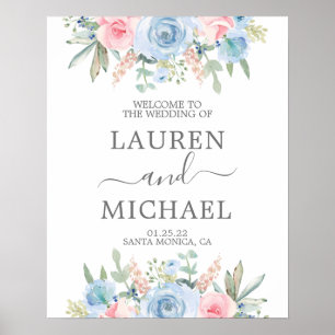 Poster Panneau d'accueil Mariage bleu et blanc