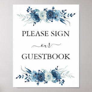 Poster Panneau d'accueil mariage floral bleu aquarelle