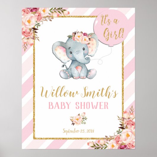 Poster Panneau d'affiche Elephant Baby shower Girl rose W (Devant)
