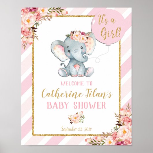 Poster Panneau d'affiche Elephant Baby shower Girl rose W (Devant)
