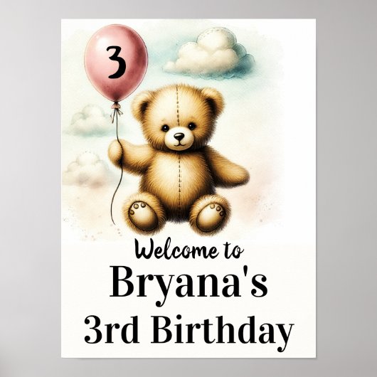 Poster Panneau d'anniversaire 1 an Teddy Bear Pink Balloo (Devant)