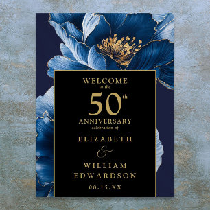 Poster Panneau d'anniversaire de 50 ans Fleurs bleues Noi
