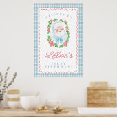 Poster Panneau d'anniversaire de Santa avec Gingham Bleu (Cuisine)