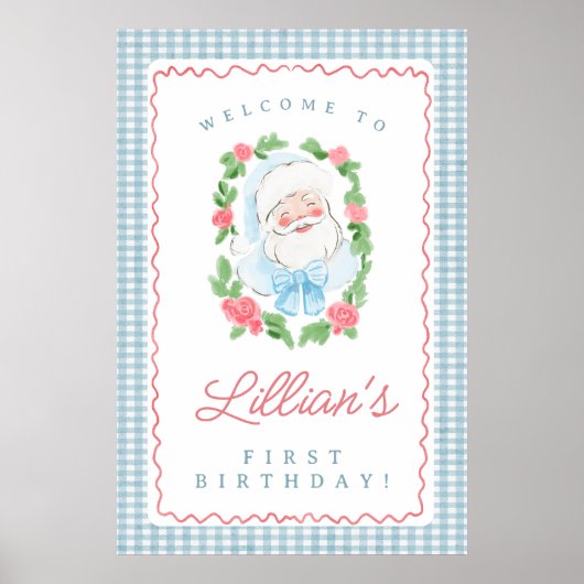 Poster Panneau d'anniversaire de Santa avec Gingham Bleu (Devant)