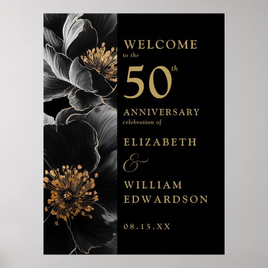 Poster Panneau d'anniversaire floral chic noir et or (Devant)