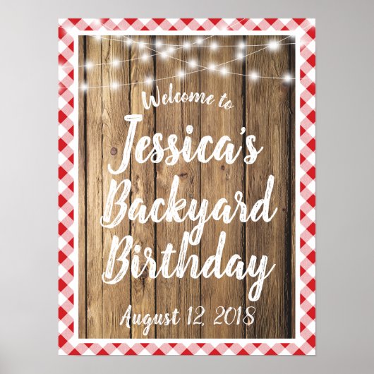 Poster Panneau d'anniversaire Red En vichy Rustic Wood Ja (Devant)