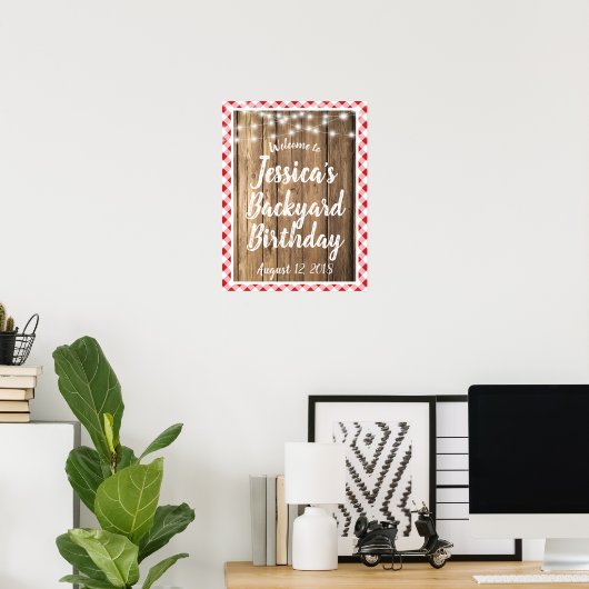 Poster Panneau d'anniversaire Red En vichy Rustic Wood Ja (Bureau à domicile)