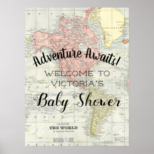 Poster Panneau d'annonce de Baby Shower Vintage Map Adven