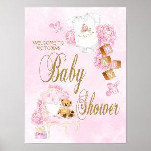 Poster Panneau de Baby Shower Fille Aquarelle Rose Or