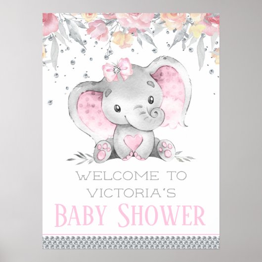 Poster Panneau de Baby Shower Fille Éléphant (Devant)