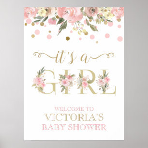 Poster Panneau de Baby Shower Floral Aquarelle Or Rose