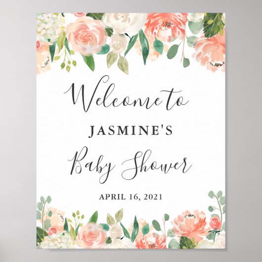 Poster Panneau de Baby shower Floral Peach Blush Peonies (Devant)