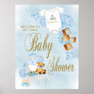 Poster Panneau de Baby Shower Garçon Aquarelle Bleu Or