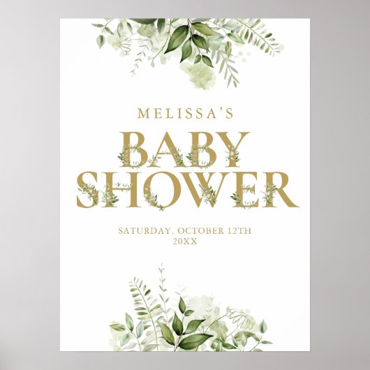 Poster Panneau de Baby Shower Lettre de Verdure Dorée (Devant)