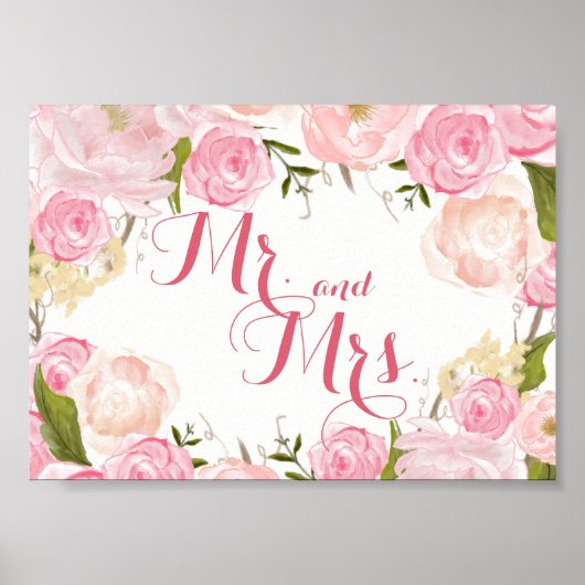 Poster panneau de baby shower mariage fleur rose M. et Mm (Devant)