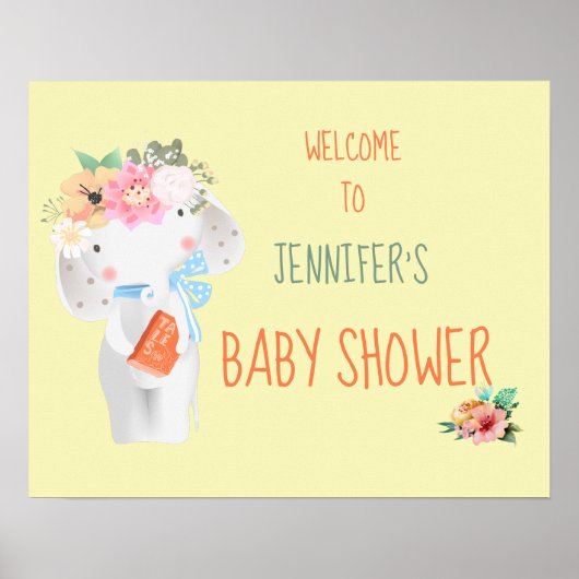 Poster Panneau de Baby shower modulable Floral Elephant (Devant)