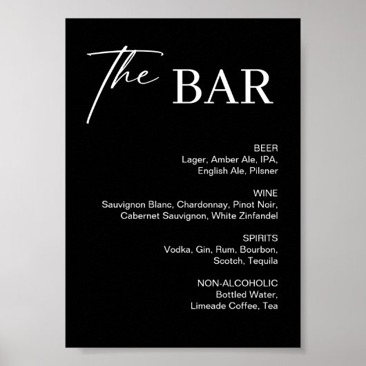 Poster Panneau de bar de mariage noir chic (Devant)