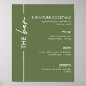 Poster Panneau de bar de mariage vert olive moderne (Devant)