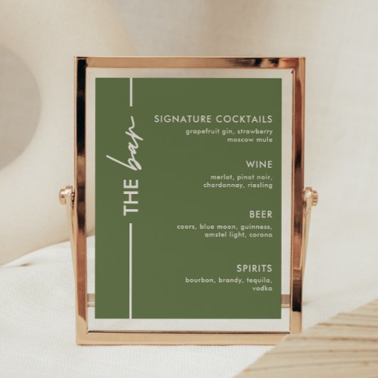 Poster Panneau de bar de mariage vert olive moderne