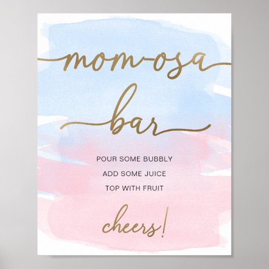 Poster Panneau de bar Mom-osa à l'aquarelle rose bleu et  (Devant)